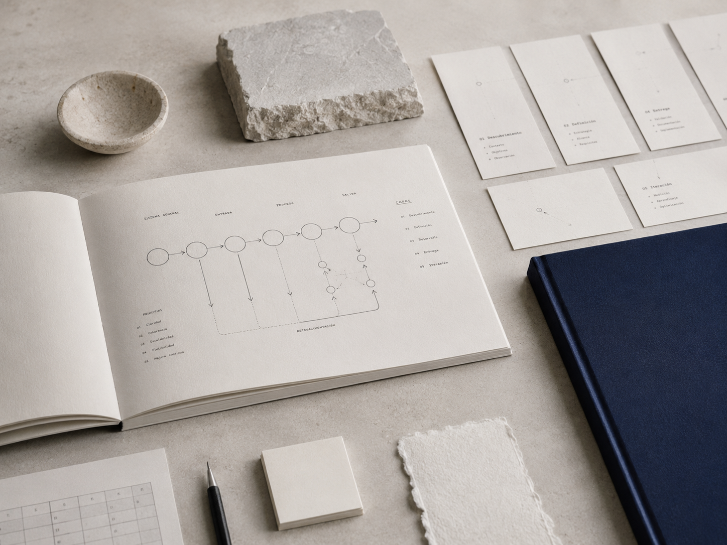 Composición editorial con cuaderno, diagrama de proceso y elementos de trabajo para sistemas digitales.