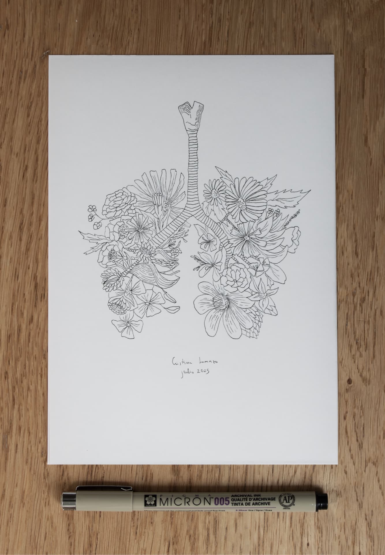 Dibujo original en tinta de unos pulmones integrados con elementos vegetales.