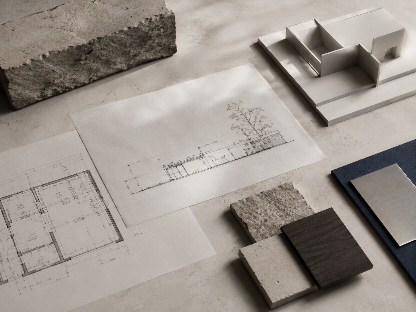 Composición editorial de arquitectura con planos, maqueta y muestras de materiales.