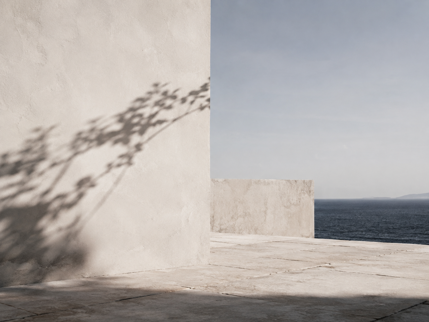 Fotografía de arquitectura minimalista junto al mar, con sombra vegetal sobre un muro claro.