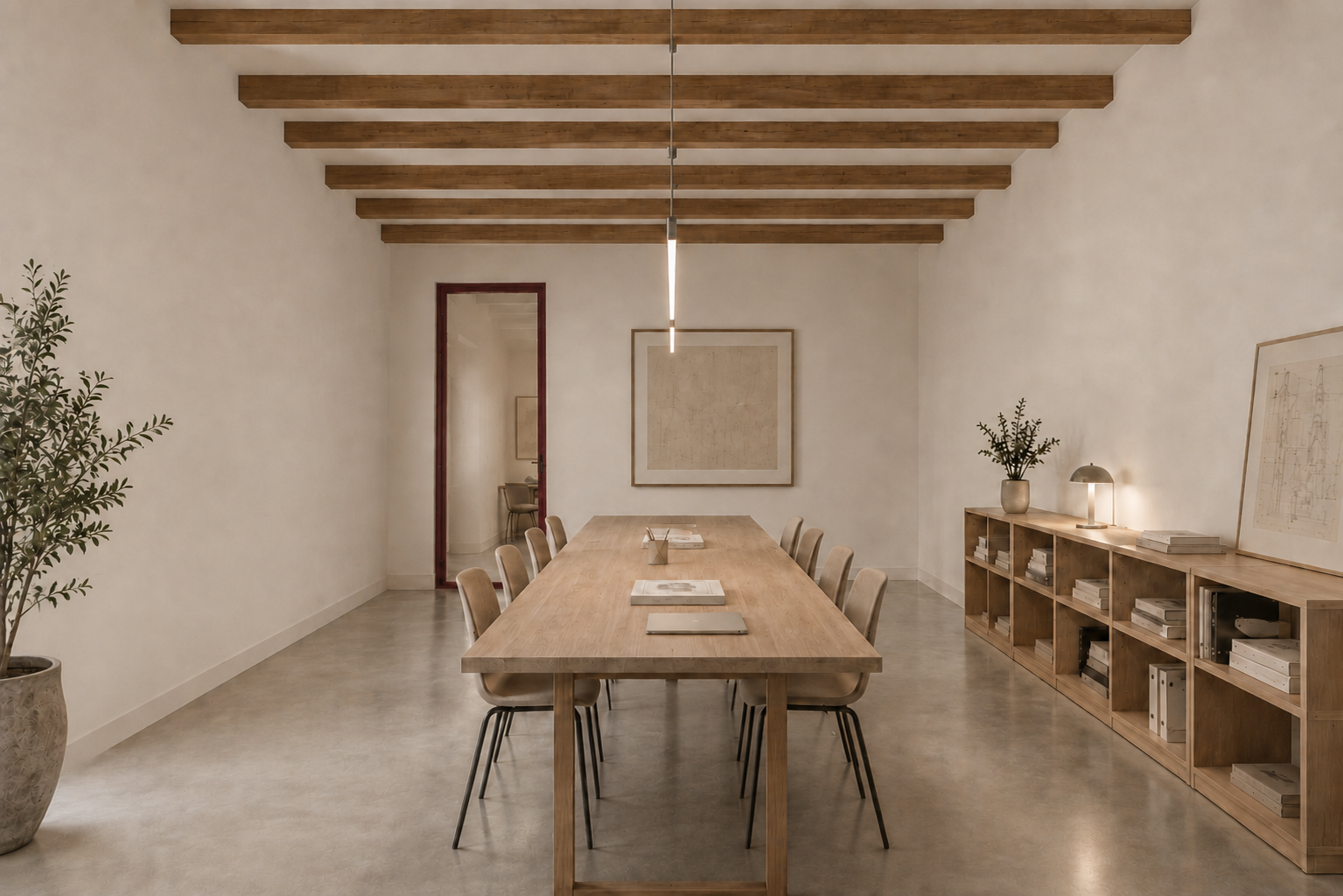 Sala de reuniones con mesa de madera, vigas vistas y puerta de vidrio con carpintería granate.
