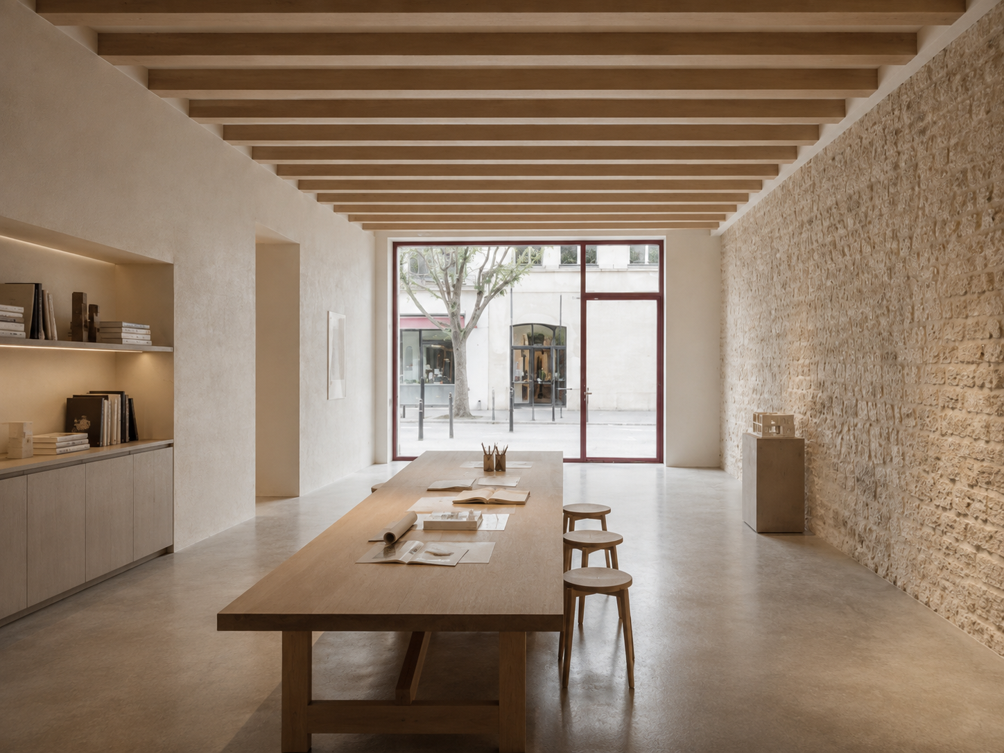 Estudio de trabajo con mesa central, vigas de madera, suelo de hormigón pulido y muro de piedra clara.