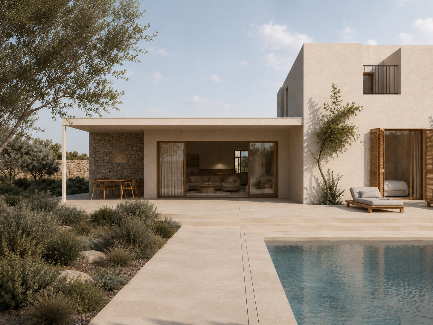 Patio y piscina de una vivienda reformada con porche, pavimento claro y zona ajardinada.
