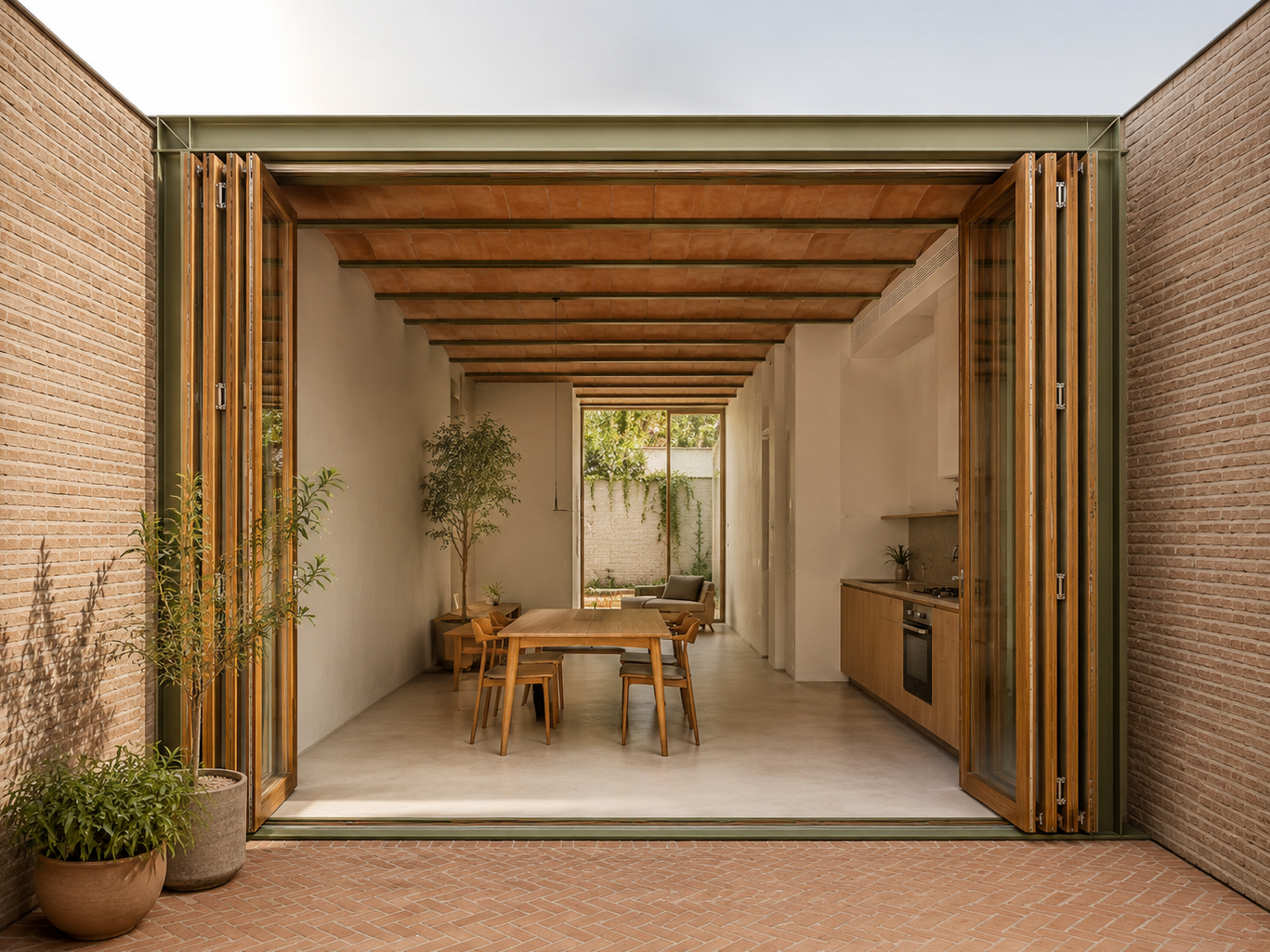 Cocina y comedor abiertos hacia el patio central de una vivienda estrecha entre medianeras.