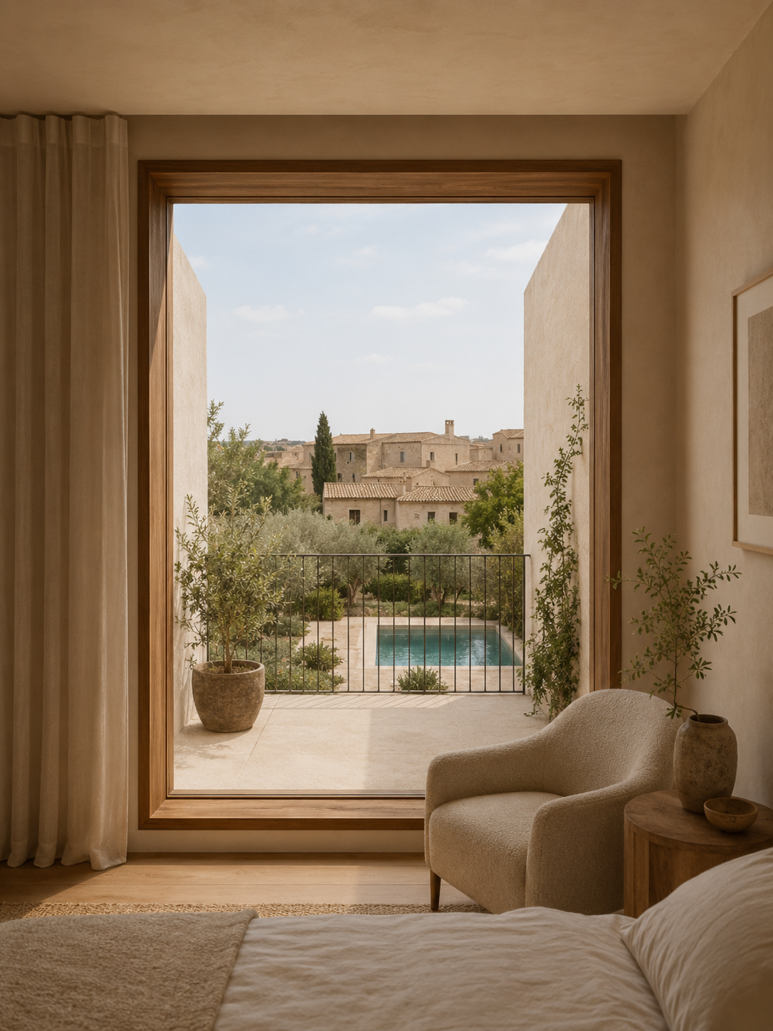 Dormitorio sobrio abierto a una pequeña terraza con vistas hacia la piscina y el paisaje.