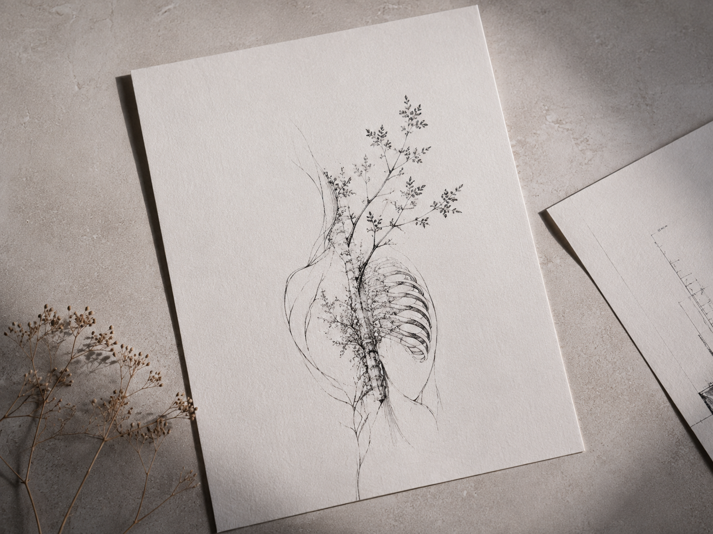 Dibujo original en tinta sobre papel dentro de una composición editorial.