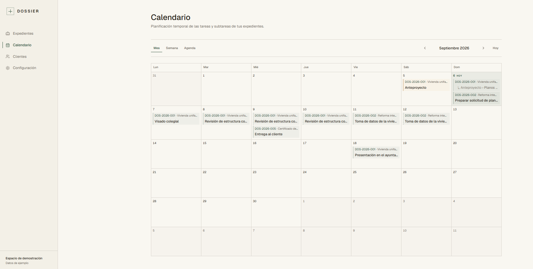 Dossier — calendario de tareas y subtareas