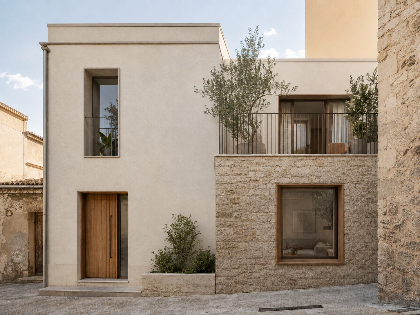 Fachada de una casa de pueblo reformada con acabados claros, piedra y carpintería de madera.